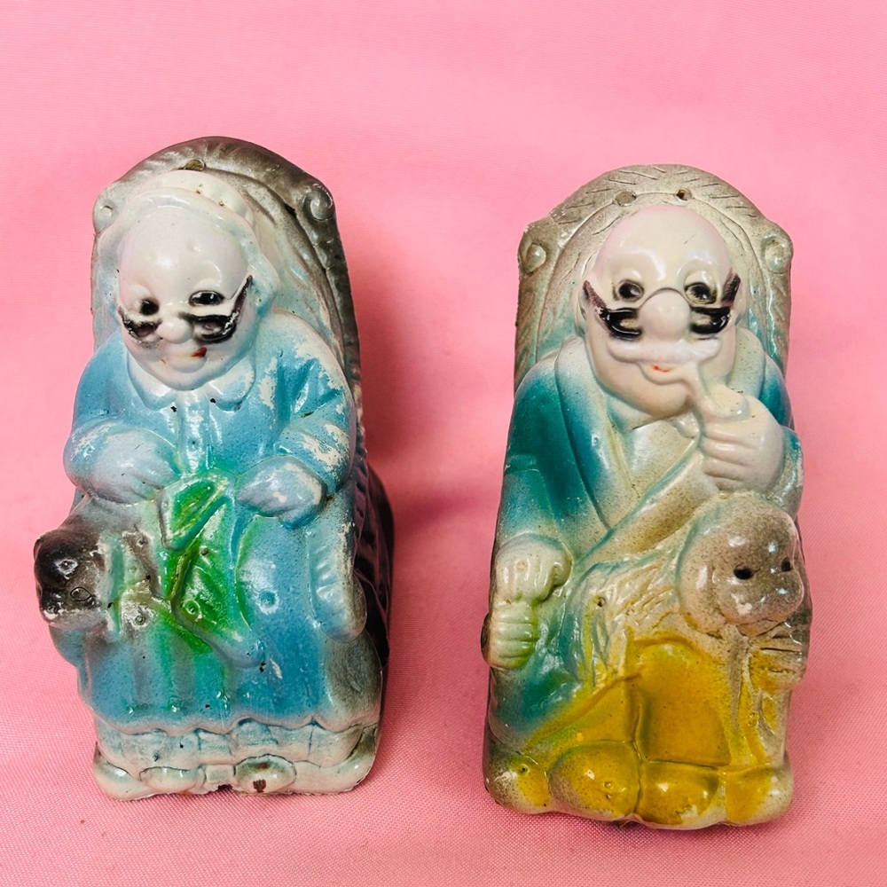 Vintage Plastic Elder Figurine Pair in Blue, Green and Yellow